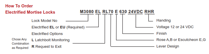 When ordering a part, specify (in this order): Lock Model No, Lever Design, Electrified EU or EL, Electrified Options, Latchbolt Monitoring, REX, Lever Design,
					Rose A,B or Escutcheon E, G; Finish, Voltage (12/24 VDC), and Handing. Append 'NSO'	if a nonstandard order.